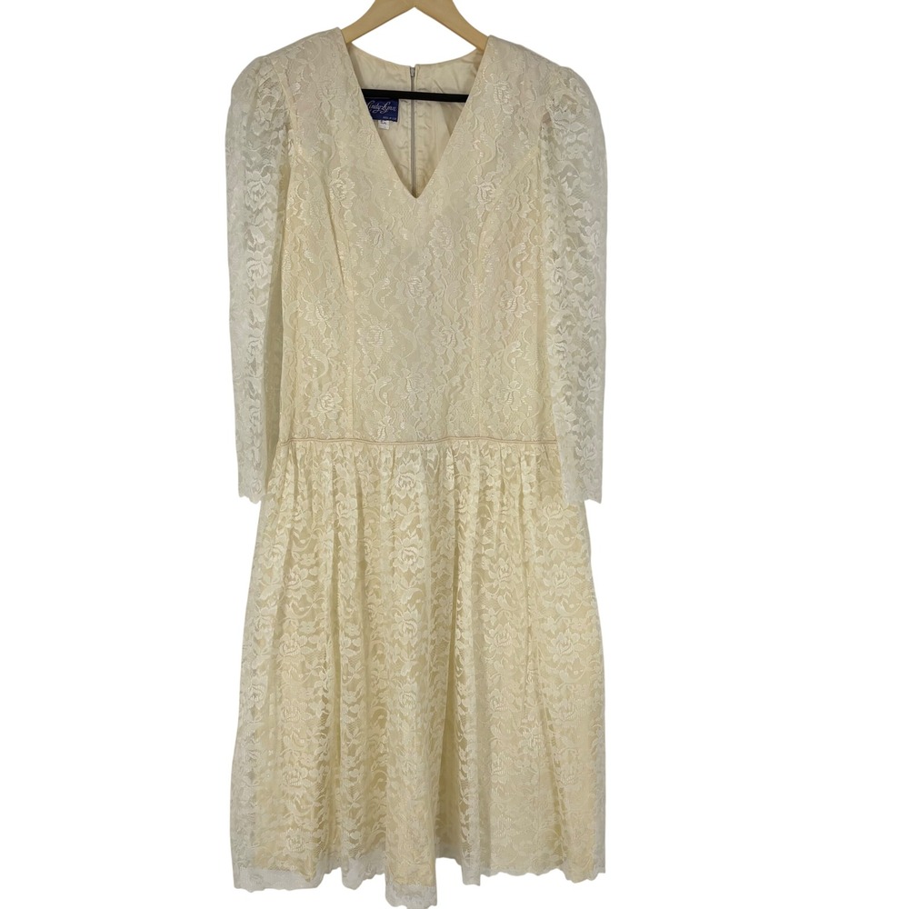 Vintage Cindy Lynn‎ Ivory Lace Midi Dress 80s Long Sleeve Dropped Waist 7/8